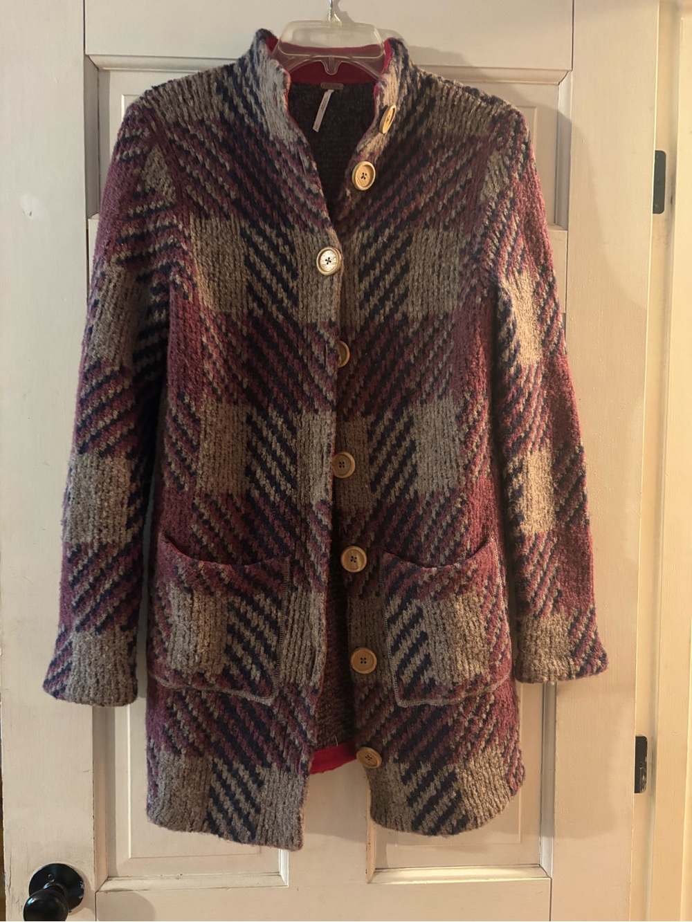 Free People wool blend long cardigan plum/tan/navy